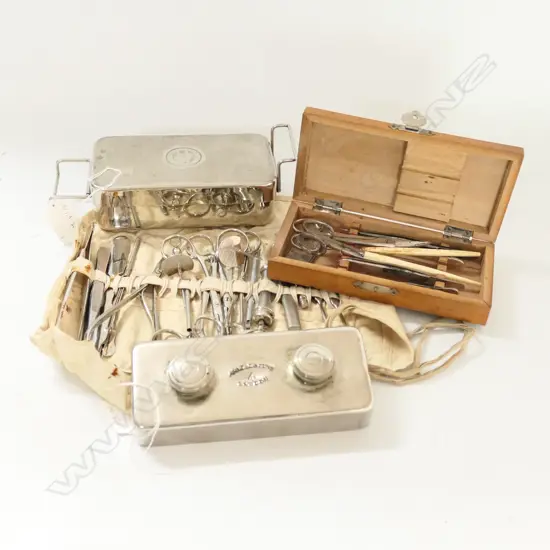 GERMAN FIELD SURGICAL INSTRUMENTS (METAL CASE), ENGLISH SPIRIT BURNER (MILITARY) and SMALL BOX MISC FIELD INSTRUMENTS